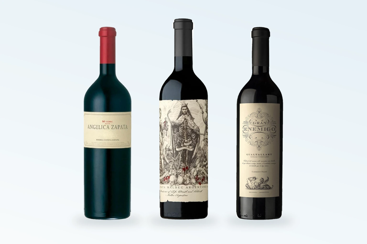 Botellas de Angélica Zapata Malbec Alta, Catena Zapata Malbec Argentino y Gran Enemigo Gualtallary Cabernet Franc